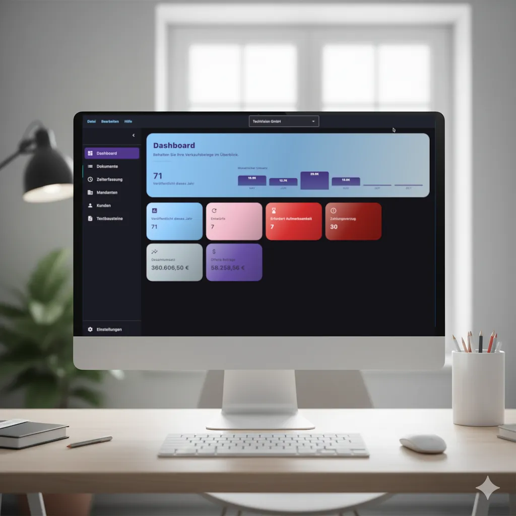 Produktansicht des Invoicer-Dashboards auf einem Monitor in einer Desktop-Szene.